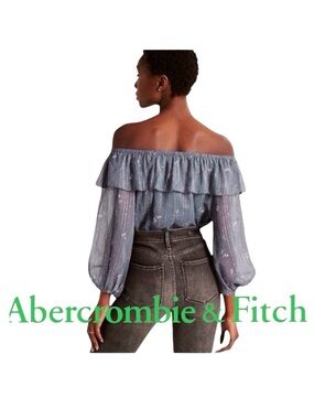 NWOT A&F Blue/White Floral Silver Thread Ruffle Off Shoulder Bodysuit (M)